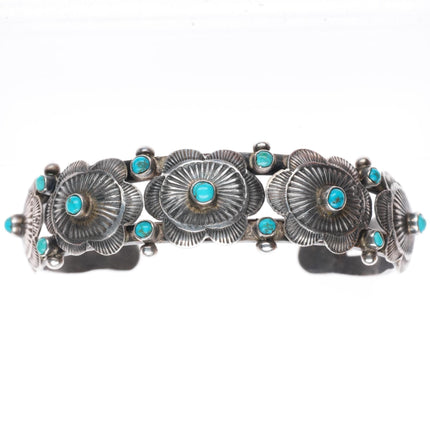 6.5" c1920-30's Navajo ingot silver conchos snake eye turquoise cuff bracelet