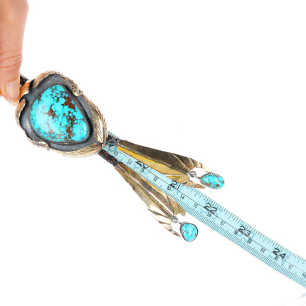 c1960 c-31 14k gold on Sterling silver large bolo tie with nice turquoise