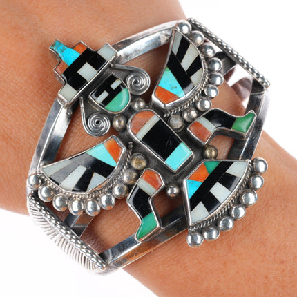 6.25" c1940's vintage Zuni sterling silver large Knifewing inlaid cuff bracelet