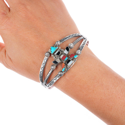 6.75" vintage Navajo sterling silver deep stamped inlaid knifewing cuff bracelet