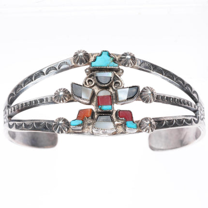 6.75" vintage Navajo sterling silver deep stamped inlaid knifewing cuff bracelet