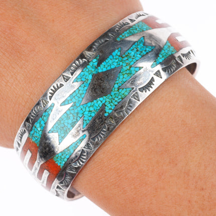 6.3" Thomas Singer vintage Navajo sterling silver chip inlay cuff bracelet