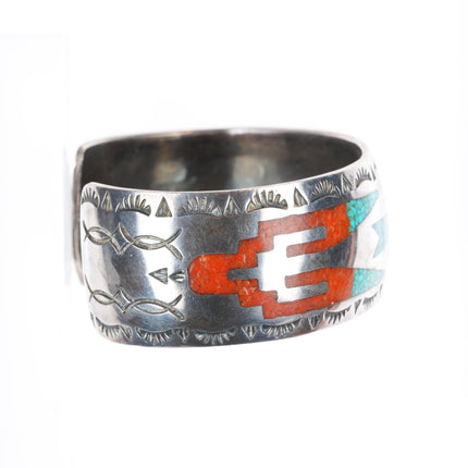 6.3" Thomas Singer vintage Navajo sterling silver chip inlay cuff bracelet