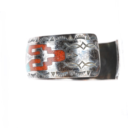 6.3" Thomas Singer vintage Navajo sterling silver chip inlay cuff bracelet