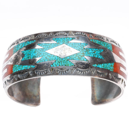 6.3" Thomas Singer vintage Navajo sterling silver chip inlay cuff bracelet