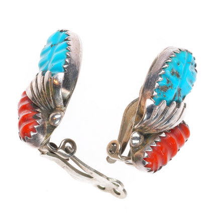 Loyolita Tsatte Zuni sterling silver carved turquoise/coral clip-on earrings
