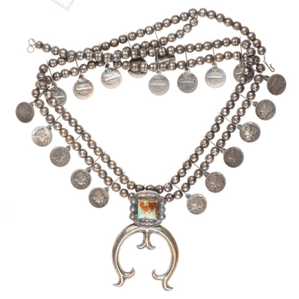Jim Redfeather Navajo silver dime turquoise squash blossom necklace sterling