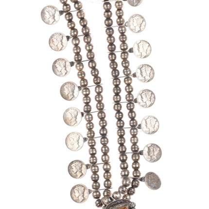 Jim Redfeather Navajo silver dime turquoise squash blossom necklace sterling