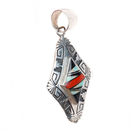 Cecil Ashley Navajo sterling silver opal, coral, onyx inlaid pendant