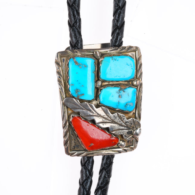 Marvelyne Cheama Zuni sterling silver turquoise and coral vintage bolo tie