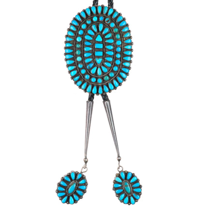Big vintage Zuni natural turquoise cluster sterling silver bolo tie fancy tips
