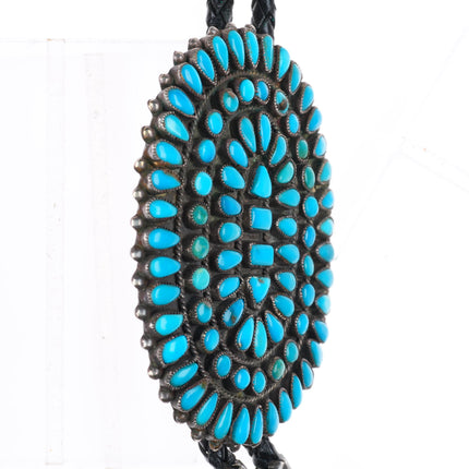 Big vintage Zuni natural turquoise cluster sterling silver bolo tie fancy tips