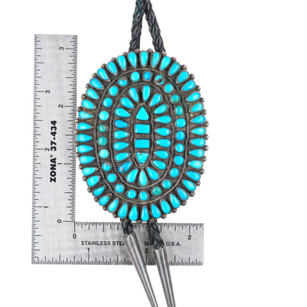 Big vintage Zuni natural turquoise cluster sterling silver bolo tie fancy tips