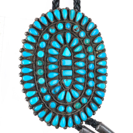 Big vintage Zuni natural turquoise cluster sterling silver bolo tie fancy tips