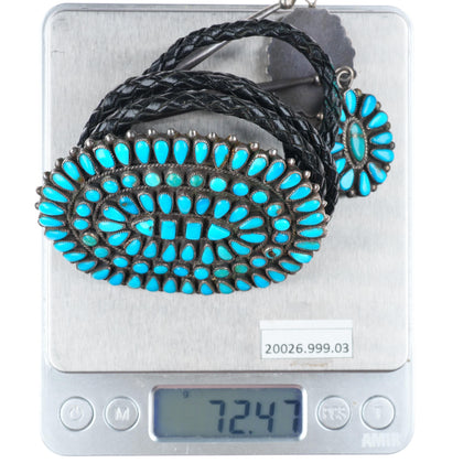 Big vintage Zuni natural turquoise cluster sterling silver bolo tie fancy tips