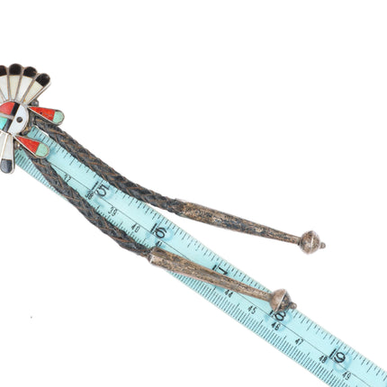 c1950 vintage Zuni sterling silver sunface "Indian Chief" inlay bolo tie