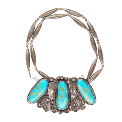 20" vintage Navajo sterling silver waterweb turquoise bib necklace