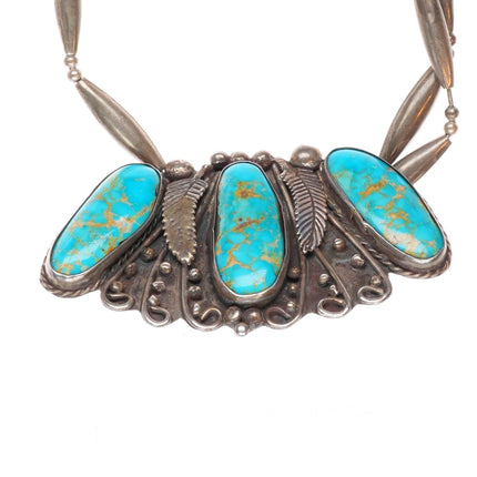 20" vintage Navajo sterling silver waterweb turquoise bib necklace