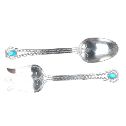 c1940's Vintage Navajo sterling silver/turquoise salad serving fork/spoon set