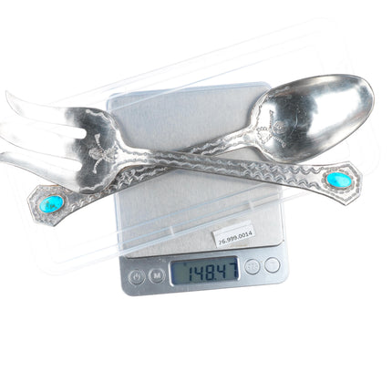 c1940's Vintage Navajo sterling silver/turquoise salad serving fork/spoon set