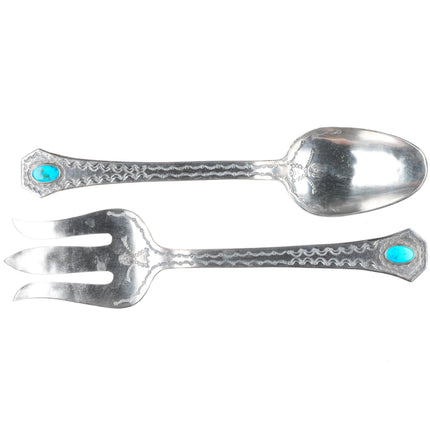 c1940's Vintage Navajo sterling silver/turquoise salad serving fork/spoon set