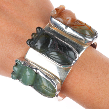 6.4" Rebecca Collins sterling silver carved Cicada hardstone/jade cuff bracelet