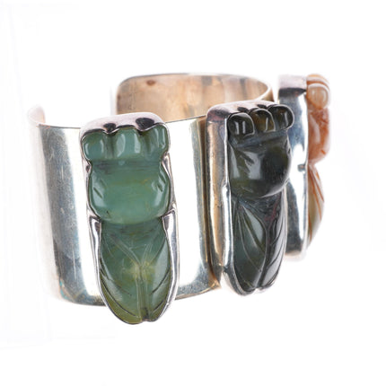 6.4" Rebecca Collins sterling silver carved Cicada hardstone/jade cuff bracelet