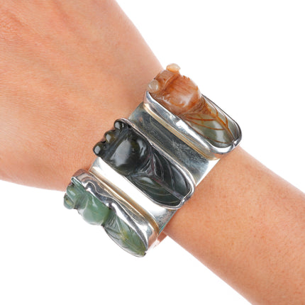 6.4" Rebecca Collins sterling silver carved Cicada hardstone/jade cuff bracelet