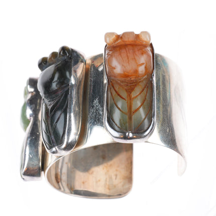 6.4" Rebecca Collins sterling silver carved Cicada hardstone/jade cuff bracelet