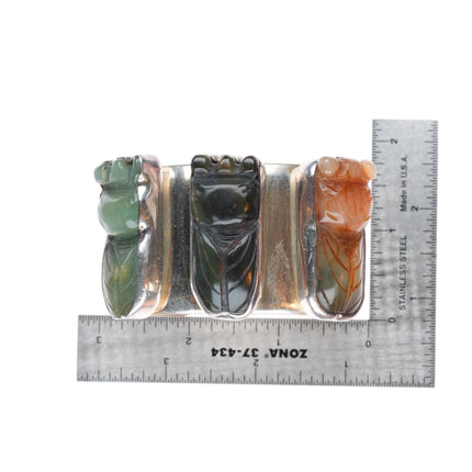 6.4" Rebecca Collins sterling silver carved Cicada hardstone/jade cuff bracelet