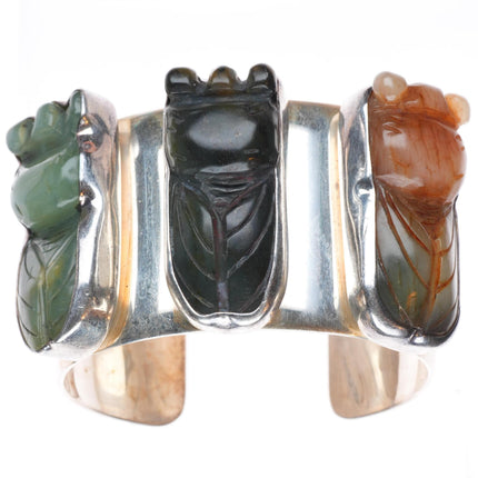 6.4" Rebecca Collins sterling silver carved Cicada hardstone/jade cuff bracelet