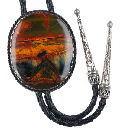 Large vintage Southwestern sterling silver Pietersite stone bolo tie