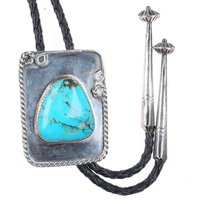 c1970 vintage Navajo sterling silver rope edge bolo tie with turquoise