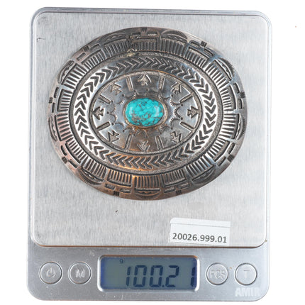 Vintage NNB Navajo deep stamped sterling silver turquoise buckle for 1.25" belt