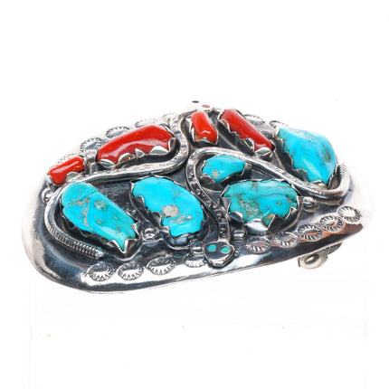 Effie Calavaza Zuni sterling silver turquoise/coral snakes buckle for 1.5" belt