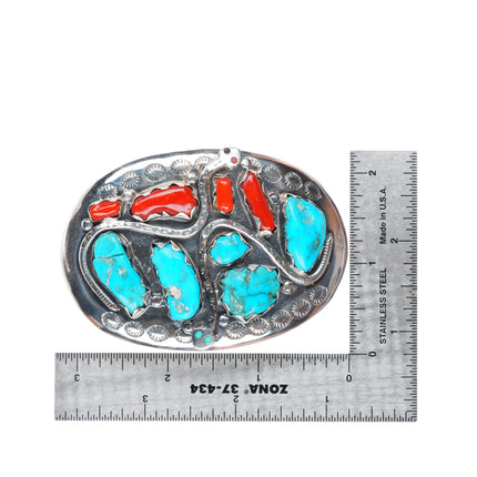 Effie Calavaza Zuni sterling silver turquoise/coral snakes buckle for 1.5" belt