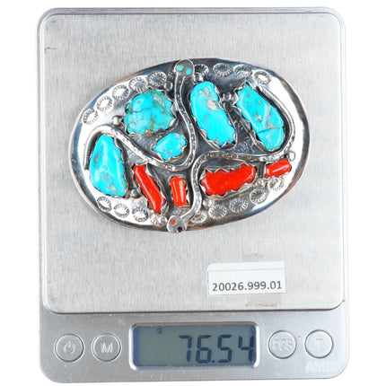 Effie Calavaza Zuni sterling silver turquoise/coral snakes buckle for 1.5" belt