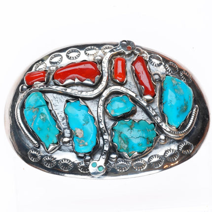 Effie Calavaza Zuni sterling silver turquoise/coral snakes buckle for 1.5" belt