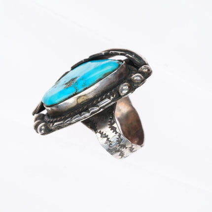 sz8  big vintage Navajo sterling silver feather ring with turquoise
