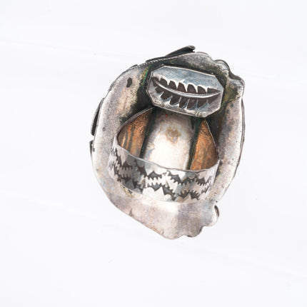 sz8  big vintage Navajo sterling silver feather ring with turquoise