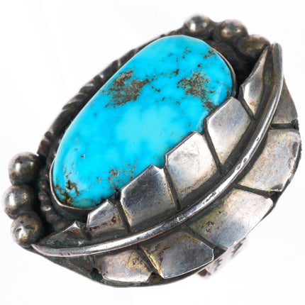 sz8  big vintage Navajo sterling silver feather ring with turquoise