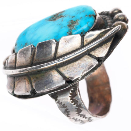 sz8  big vintage Navajo sterling silver feather ring with turquoise