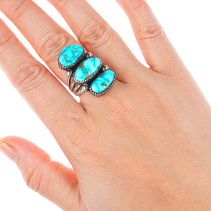 sz7 vintage Navajo High grade American turquoise sterling silver 3 stone ring