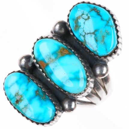 sz7 vintage Navajo High grade American turquoise sterling silver 3 stone ring