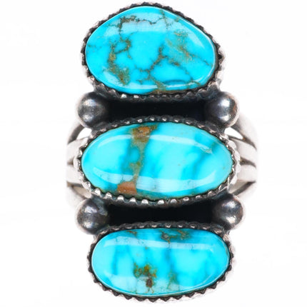 sz7 vintage Navajo High grade American turquoise sterling silver 3 stone ring