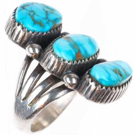 sz7 vintage Navajo High grade American turquoise sterling silver 3 stone ring