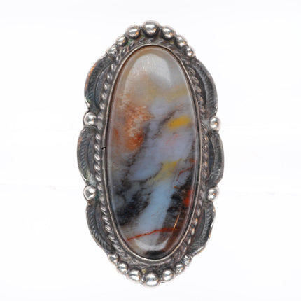 sz7 large c1940's Navajo petrified wood stamped sterling silver ring