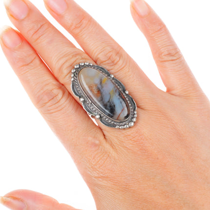 sz7 large c1940's Navajo petrified wood stamped sterling silver ring