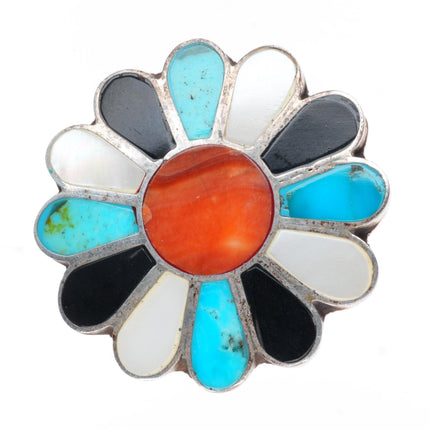 sz8 vintage Zuni sterling silver turquoise/shell/jet sun/flower inlay ring