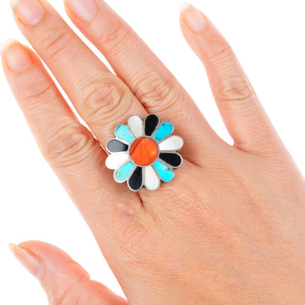 sz8 vintage Zuni sterling silver turquoise/shell/jet sun/flower inlay ring